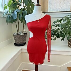 Lucy In The Sky Dress Small Red One Shoulder Mini Long Sheer Sleeve Cutouts‎